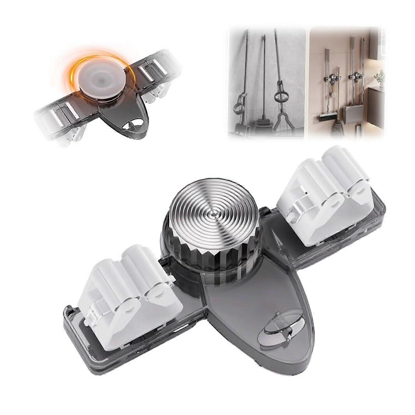 Broom and Mop Holder NoDrill Suction Wall Mounted Organizer with Adjustable Hooks, 2Pack Grey