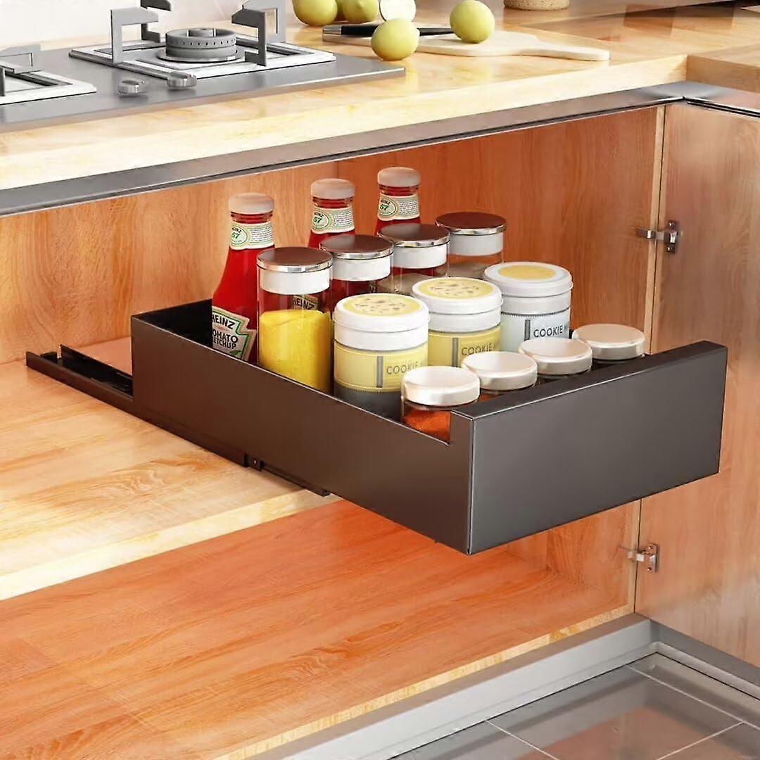 Pull Out Cabinet Organizer Drill Sliding Kitchen Drawer Black 25x43x9cm SpaceSaving Shelf