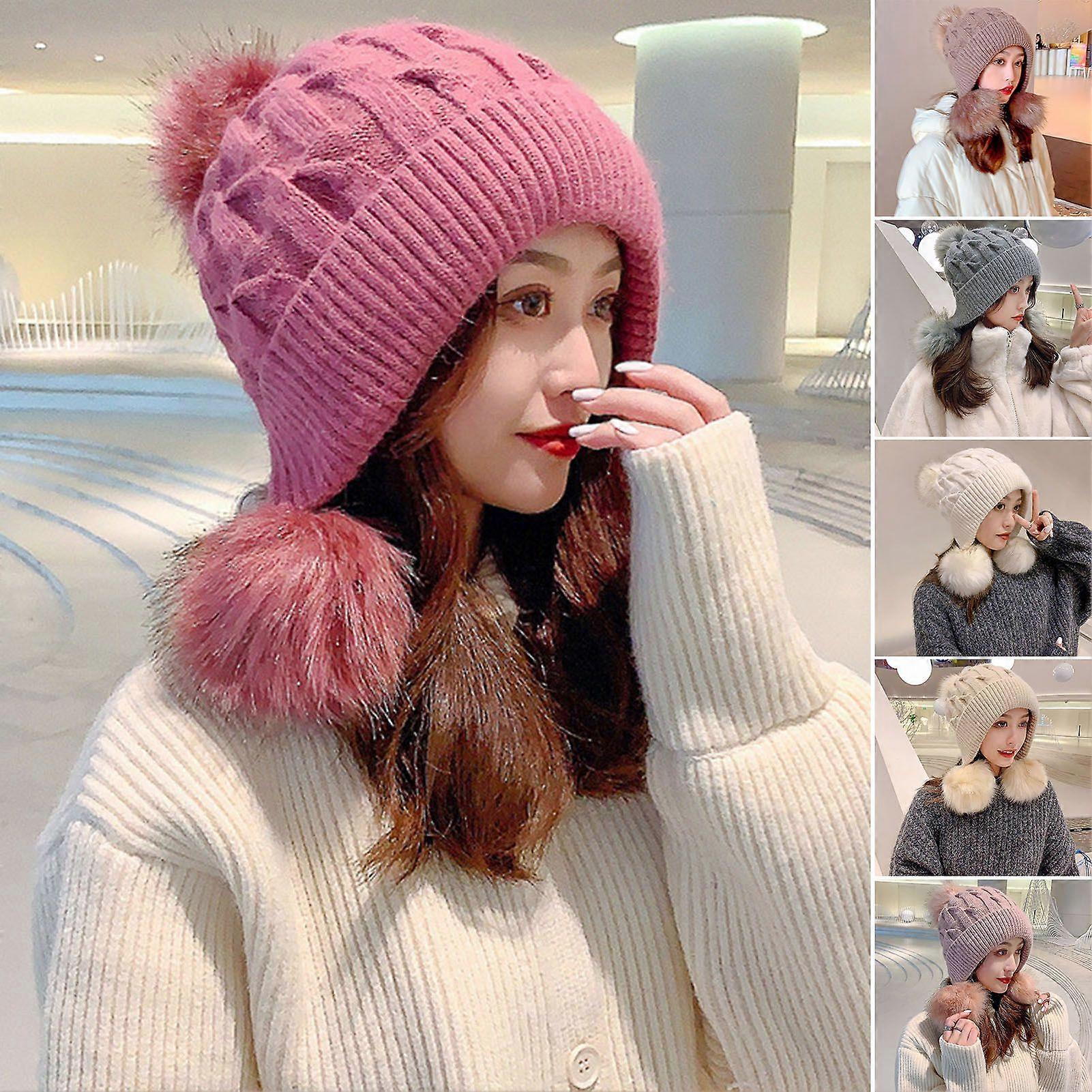 Women Knitted Hat Three Pompoms Solid Color Brimless Windproof Autumn Winter