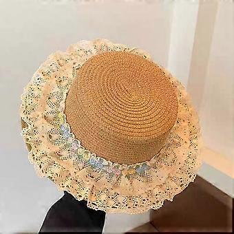 Elegantti, suurilierinen olkihattu, aurinkosuoja, UV-suoja, aurinkosuojahattu pitsireunuksella, ranta-aurinkovarjohattu, kesähattu