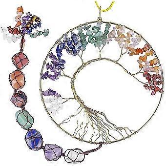 7 Chakras Tree of Life Wall Hanger - Handmade Tumbled Gemstones for Meditation & Home Decor - 24" Length