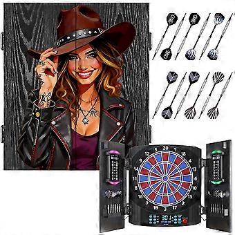 Electronic Dartboard with Rustic Wooden Door Cabinet - 8 Color LED Score Display.