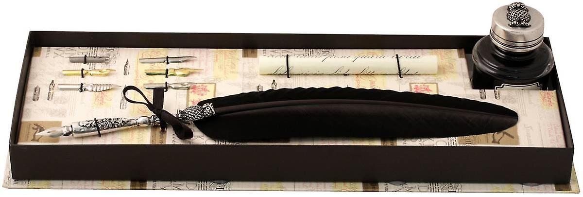 Coles Calligraphy Owl Design Pewter Feather Quill & with Ink Set - Black