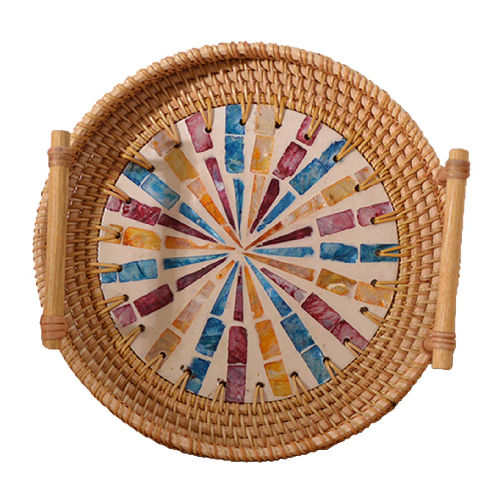 Decorative Rattan Serving Tray Woven Wicker Tray Rustic with Handles 22cm