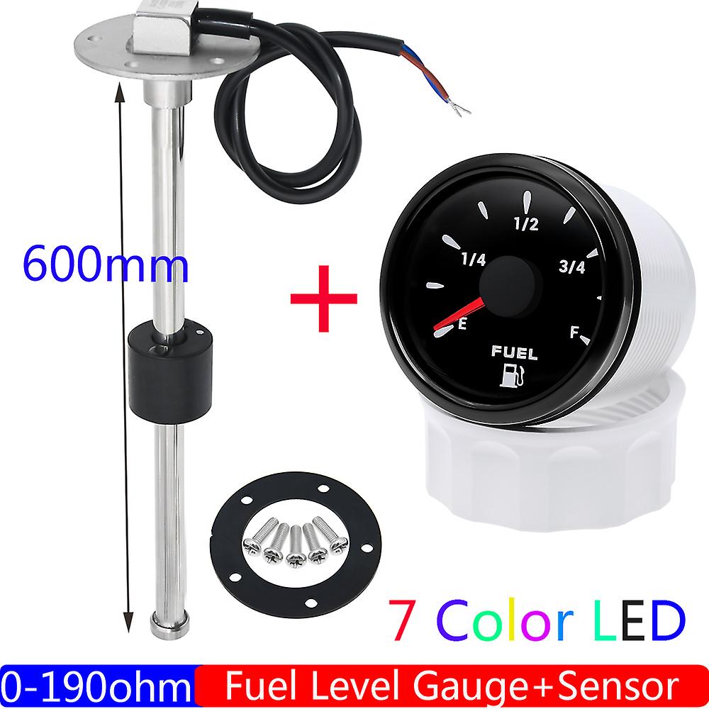 0-190 Ohm 2\" 52mm Fuel Level Gauge+fuel Float Level Sensor 100-600mm For Marine Car Rv Boat 7 Color Led Oil Tank Level Inidcator