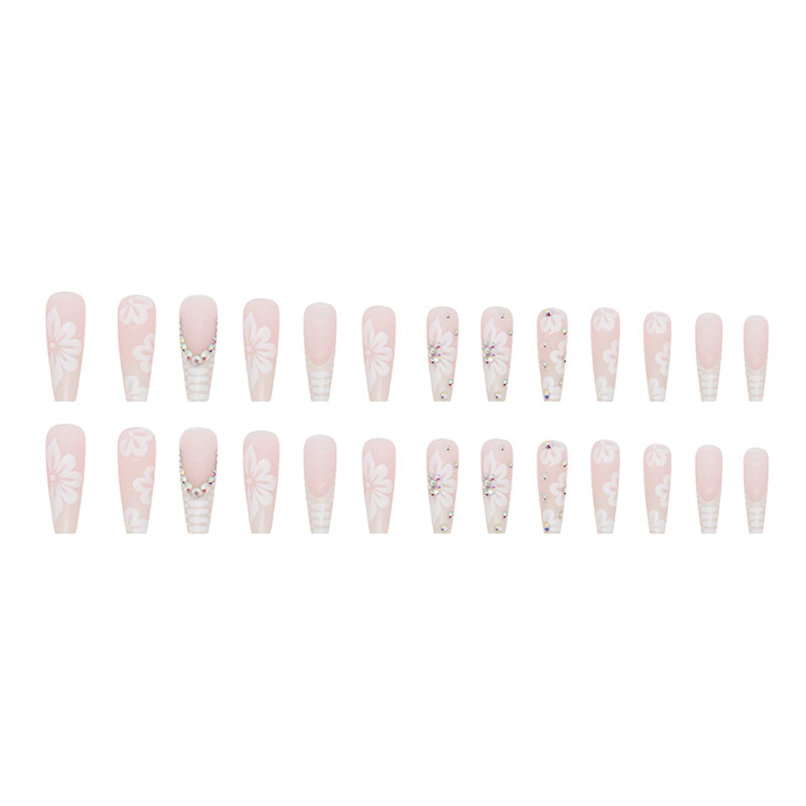 White Flower Patterns Fake Nails Polish-free Durable Use Nail Manicure Set