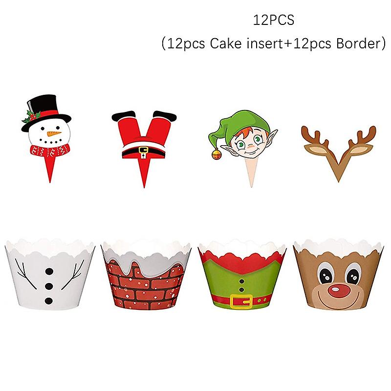 12Pcs Set Of Christmas Cupcakes Topper With Border Insert Cake Cup Decoration