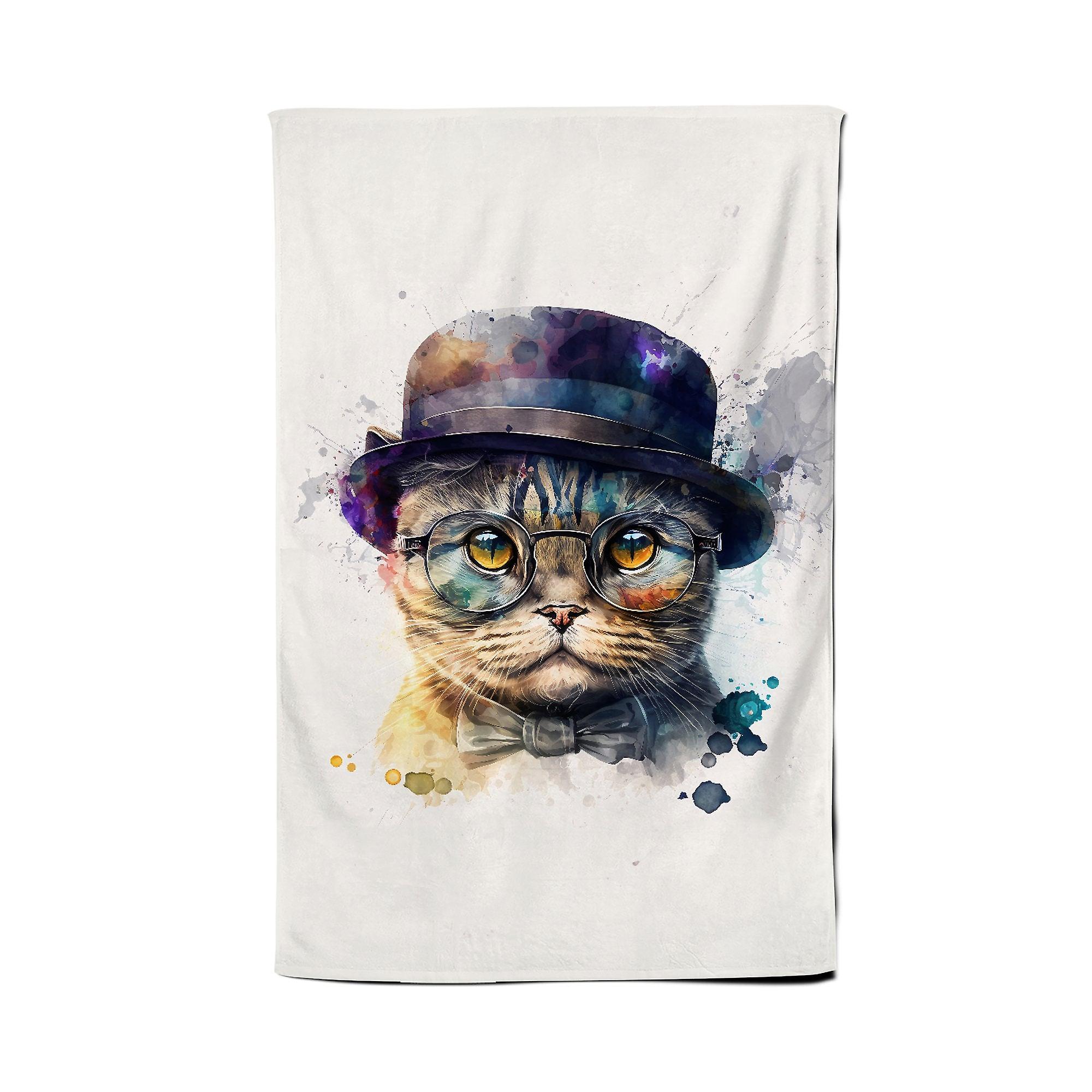 Scottish Fold Cat With Glasses Splashart Tea Towel