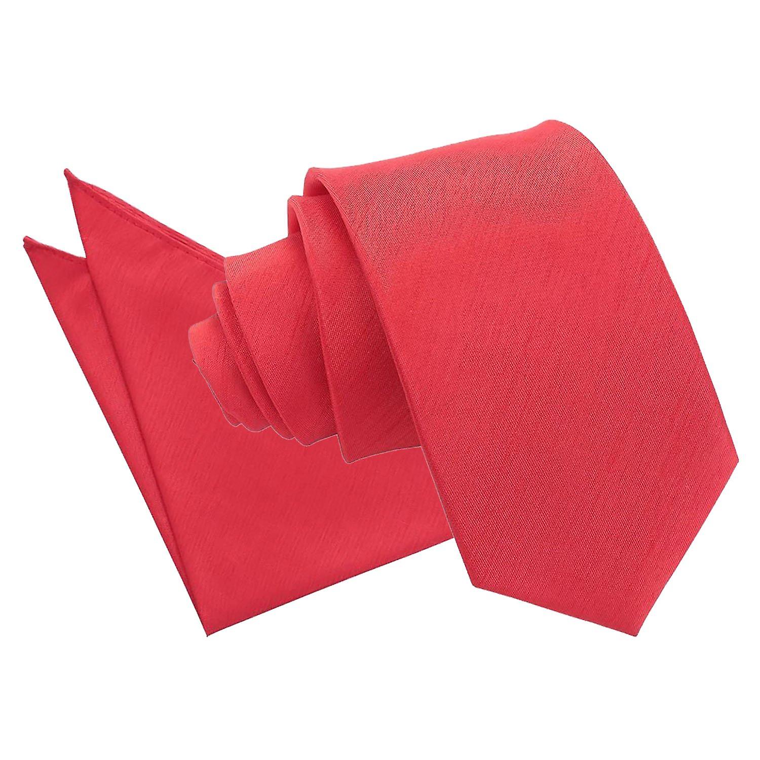 Red Plain Shantung Slim Tie and Pocket Square Set