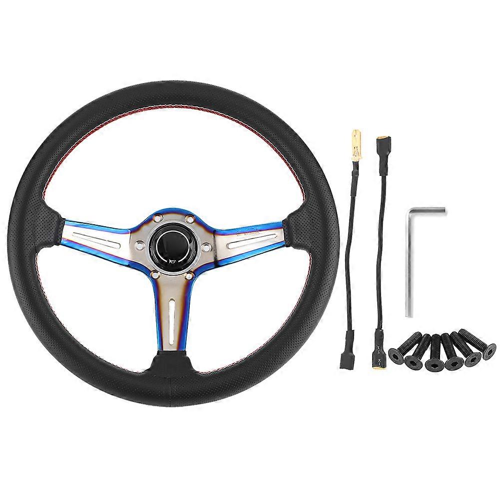 350mm/14in for NARDI Style 6~Bolt Half Dish Black Perforated Leather Racing Steering Wheel W/ Horn E2U411