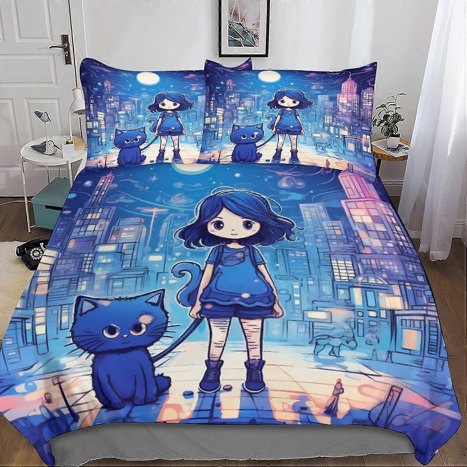 Cat Girl Duvet Cover Set, with Pillowcases Microfiber Colorful 3 Piece Bedding Set with Zipper Closure for Teens and Adults Double