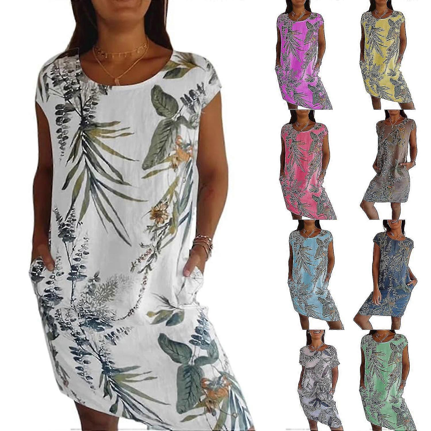 Women's 2024 New Dresses, Women's Cotton And Linen Round Neck Printed Dress -gsl
