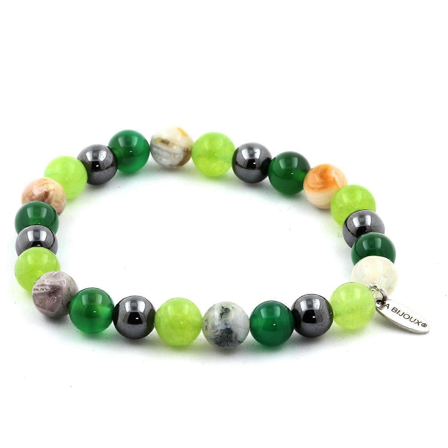 Hematite Beaded Bracelet + Green Agate + Peridot + Bamboo Leaf Agate 8 mm