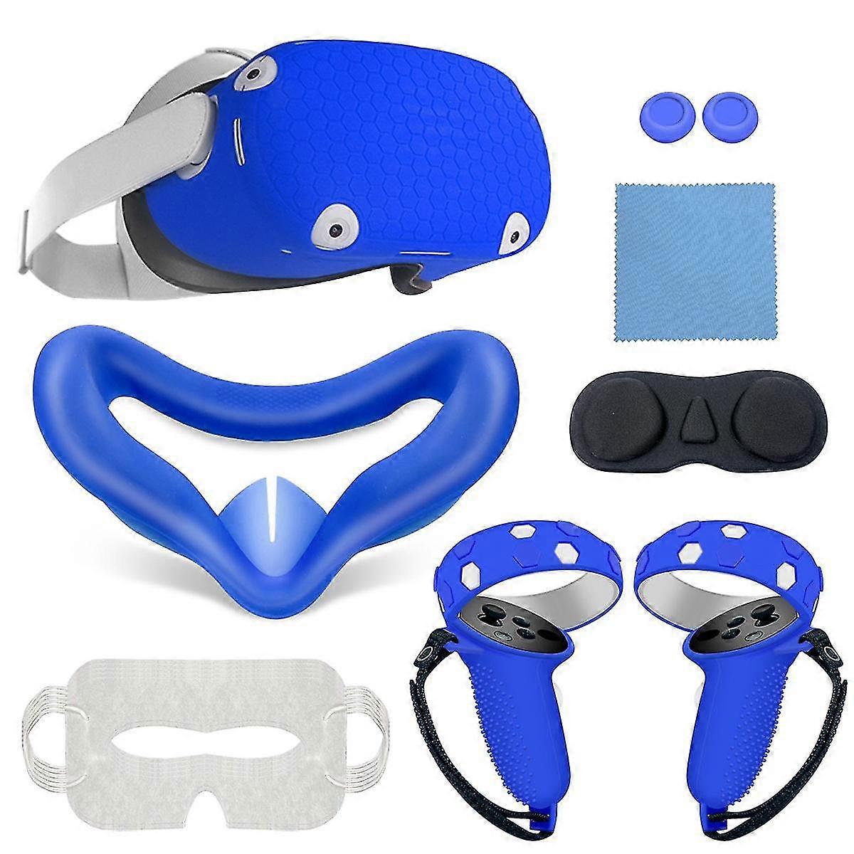 Coque de protection en silicone pour casque VR Quest 2, protection faciale, coussinet oculaire, poignée, accessoires VR Bleu