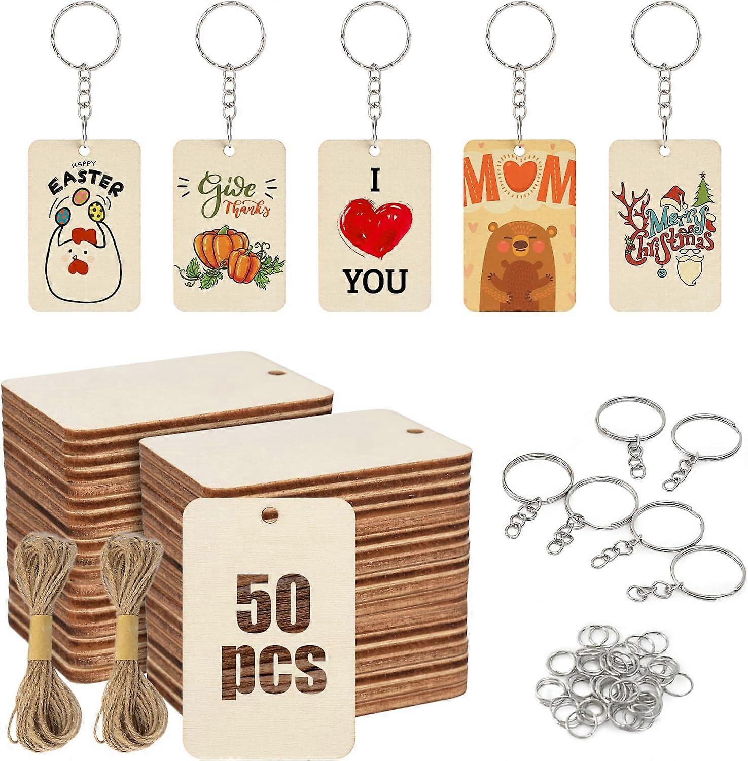 50pcs/set Wooden Blanks DIY Pendant With Key Rings Keychain Accessories, Wooden Rectangular Keychain Pendant For Home And Christmas Decorations