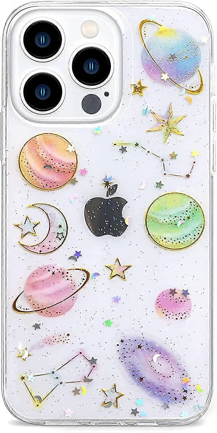 Soft TPU Case for iPhone 14 Pro 6.1', Cute Space Galaxy Moon Star Patten Bling Glitter Flexible Soft TPU Thin Slim Lightweight Case for Apple iPhone 1