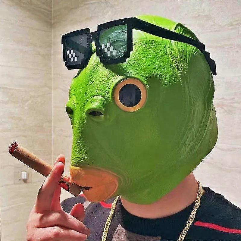 Halloween Costume Fish Head Party Mask Green Adult Animal Cosplay Prop Latex Masks, Fish head mask green head fish fish man cute funny sand sculpture