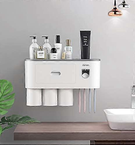 Automatic Toothpaste Dispenser Wall Mounted Squeezer Kit with Toothbrush Holder, 4 Toothbrush Slots, Multi-Function Toothbrush Organizer (3 Cups)
