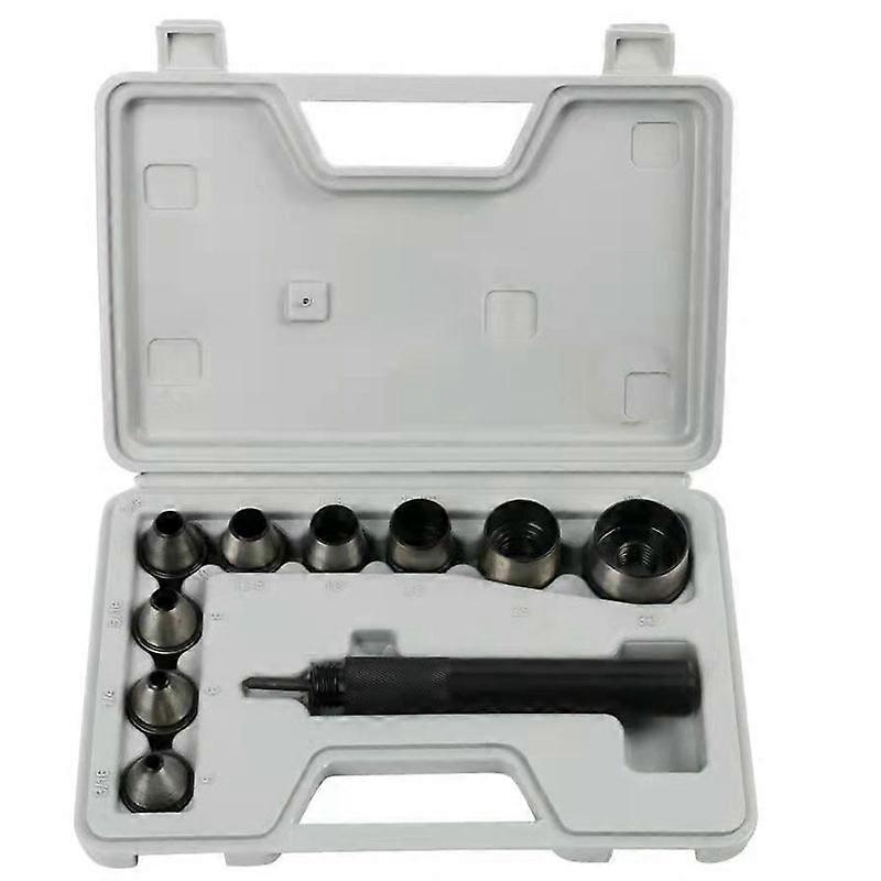 9-part, interchangeable belt punch set with a hand lever leather tool for punching