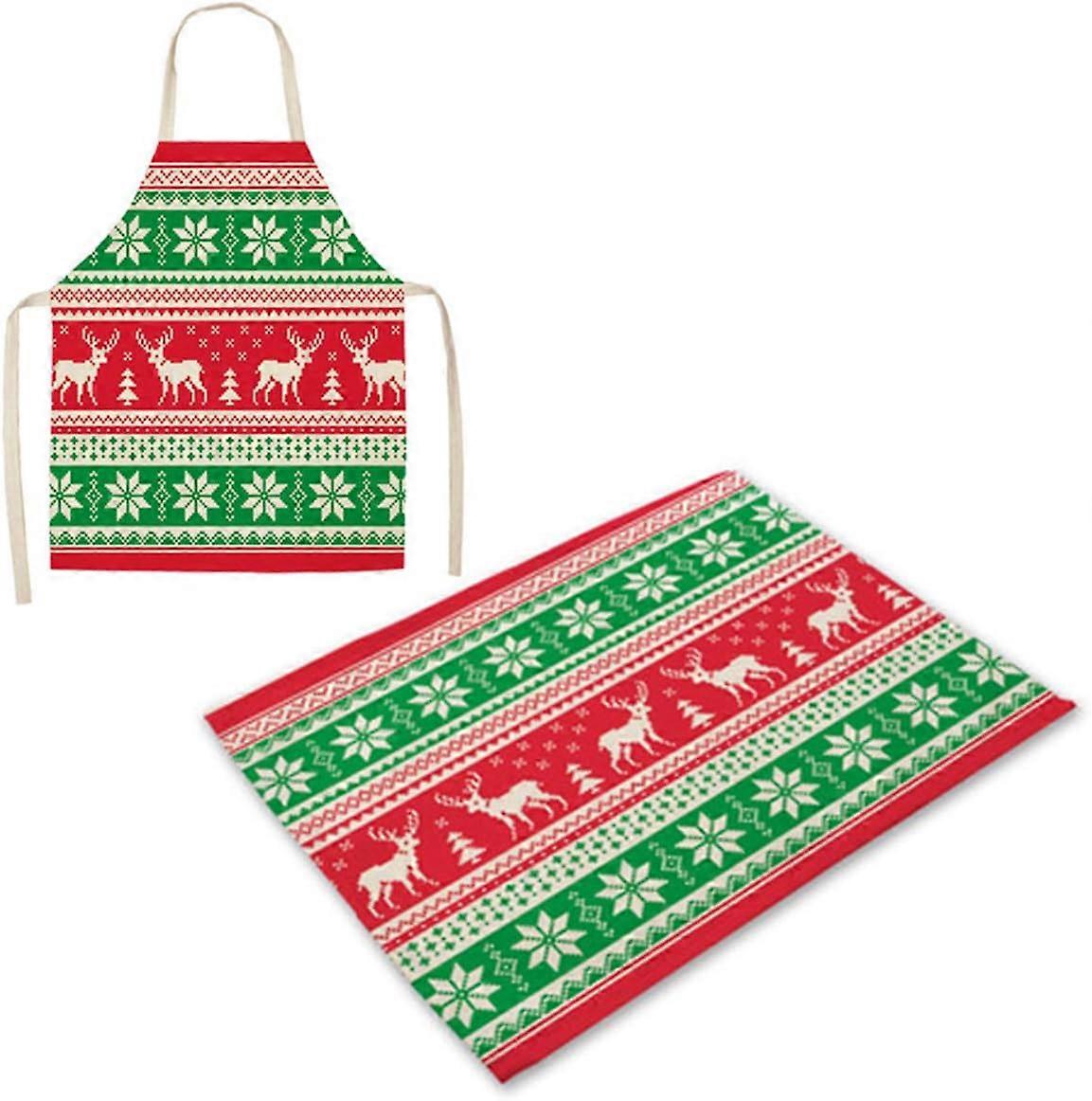 Christmas Apron Placemat Set, Cotton Linen Reindeer Snowflake Apron and Table Mat Set (Apron(68x55cm) + Placemat(42x32cm))