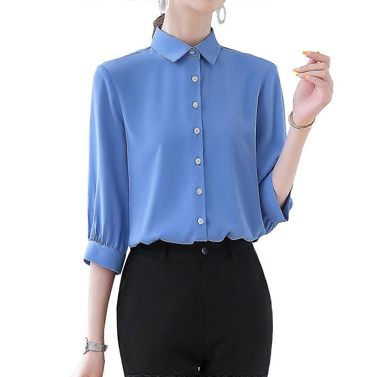 Women's Lapel Collar Solid Color Slim Fit 3/4 Sleeve Tops