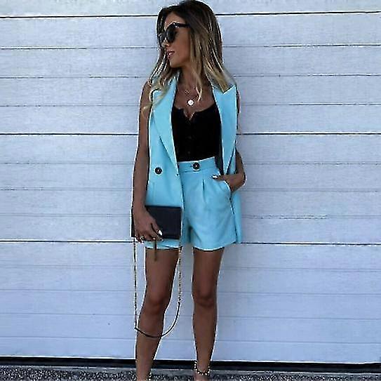 Women's Two Pieces Outfit, Sleeveless Blazers Jacket With Shorts