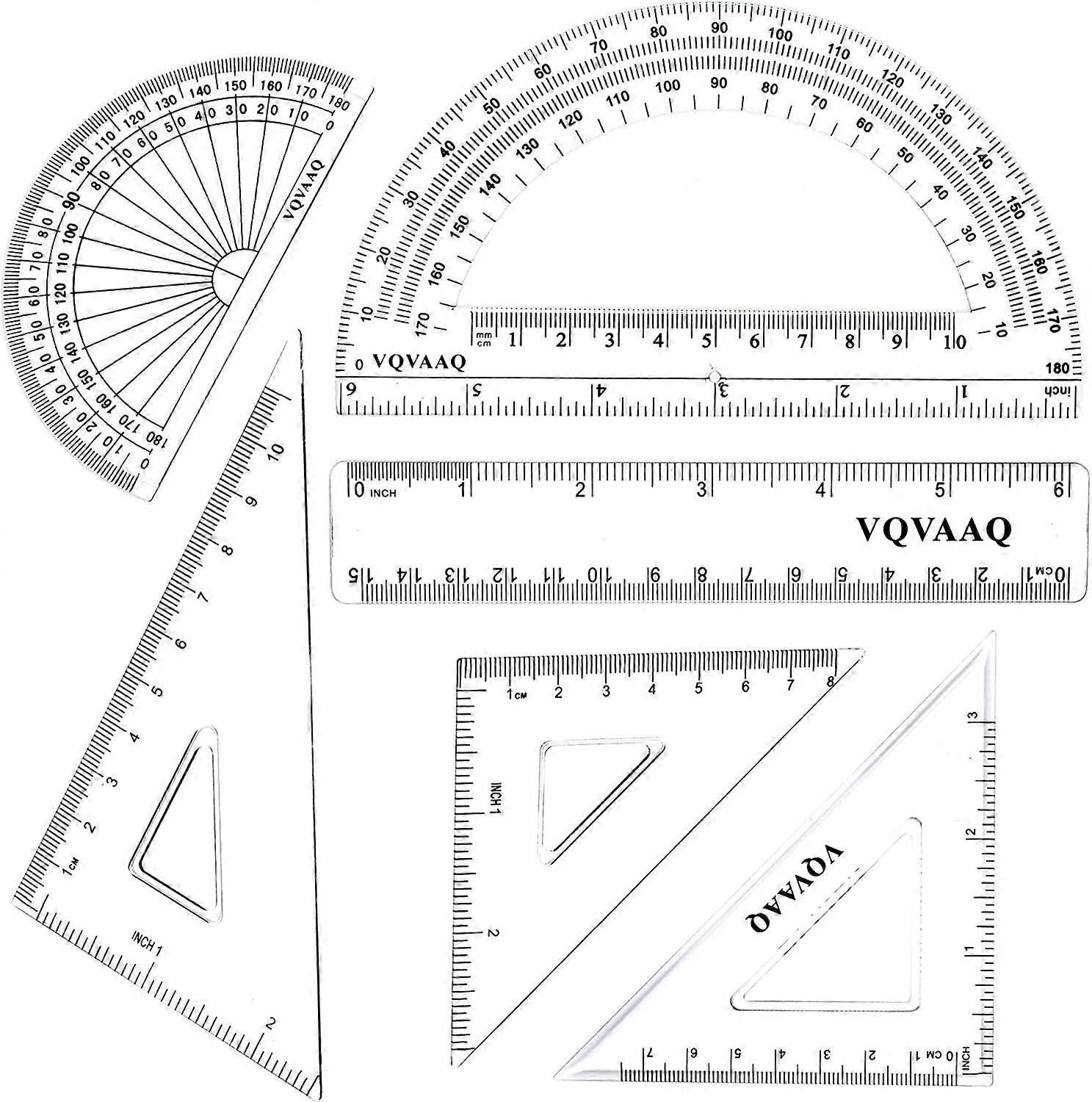 6 Piece Geometry School Set, Linear Ruler, Set Squares, Protractor