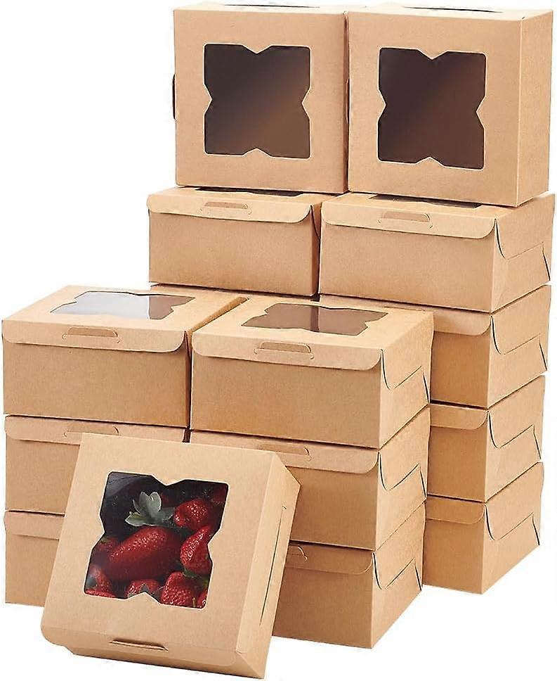 30Pcs Brown Bakery Boxes with Window 6x6x3 Inch Natural Kraft Paper Cardboard Box Square Butterfly Window Kraft Box with Thankyou Sticker for Cake Pas