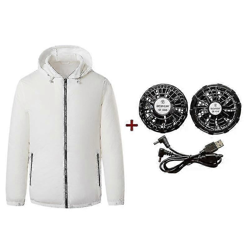 Män Utomhus Sommarjackor Usb Elektrisk Fläkt Kylrock Män Luftkonditionering Fläkt Kläder Usb Värmeslag Sommar huva Jacka Långärmad Vit