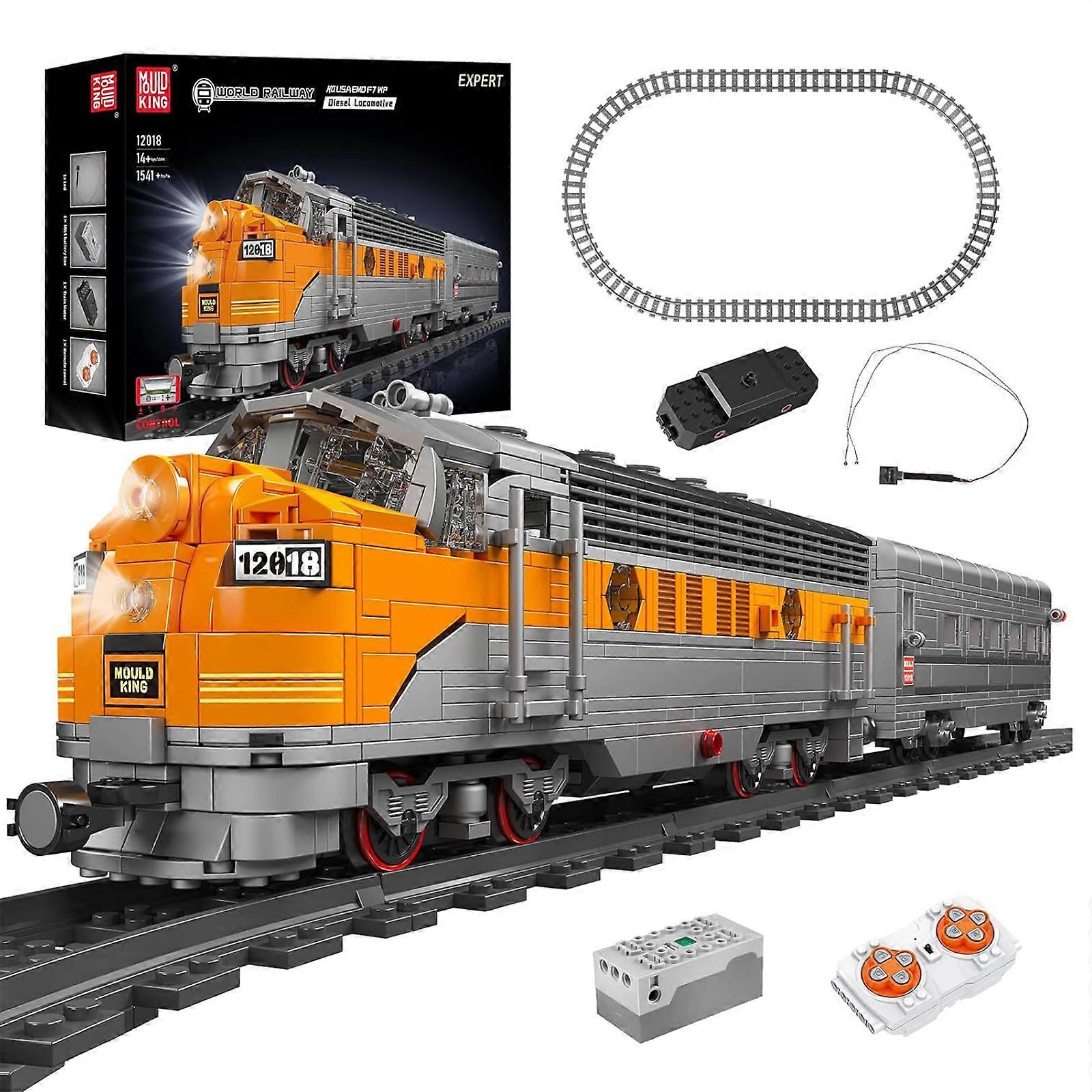 Mould King Train Building Blocks Sets, Remote/App Control EMD F7 Internal Combustion Locomotive Model Kits, Scale Model with Train Tracks for Adults K