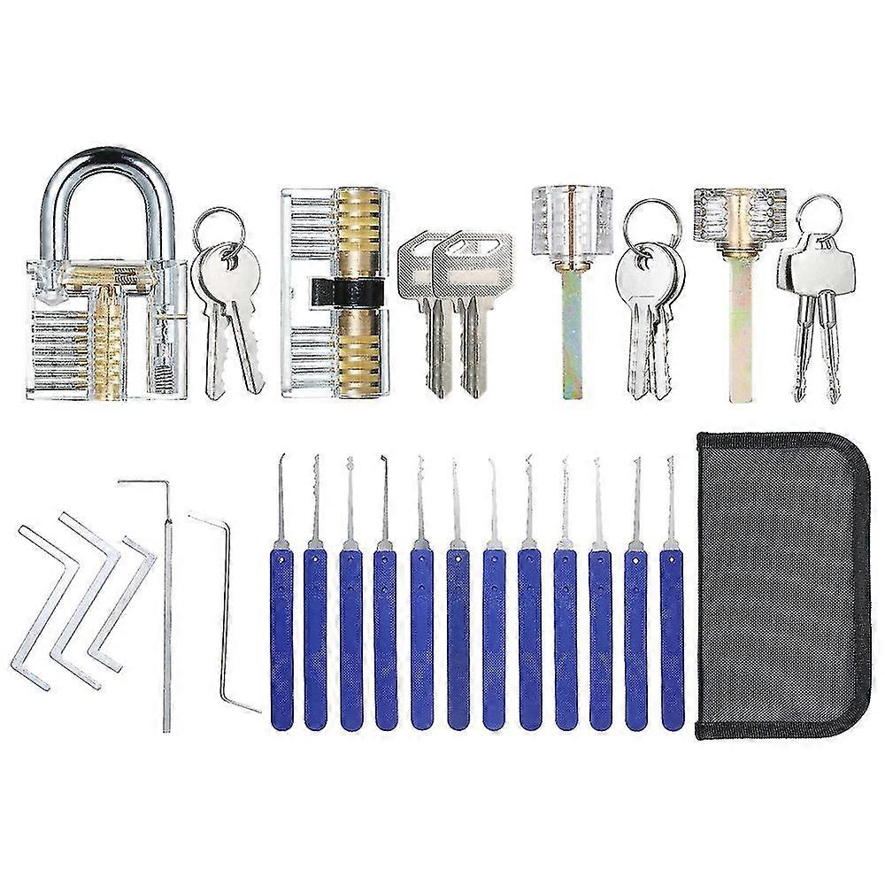 17 PCS Lock Picking Set with Storage Bag + 4 PCS Visible Practice Lock Set Transparent Padlock Train