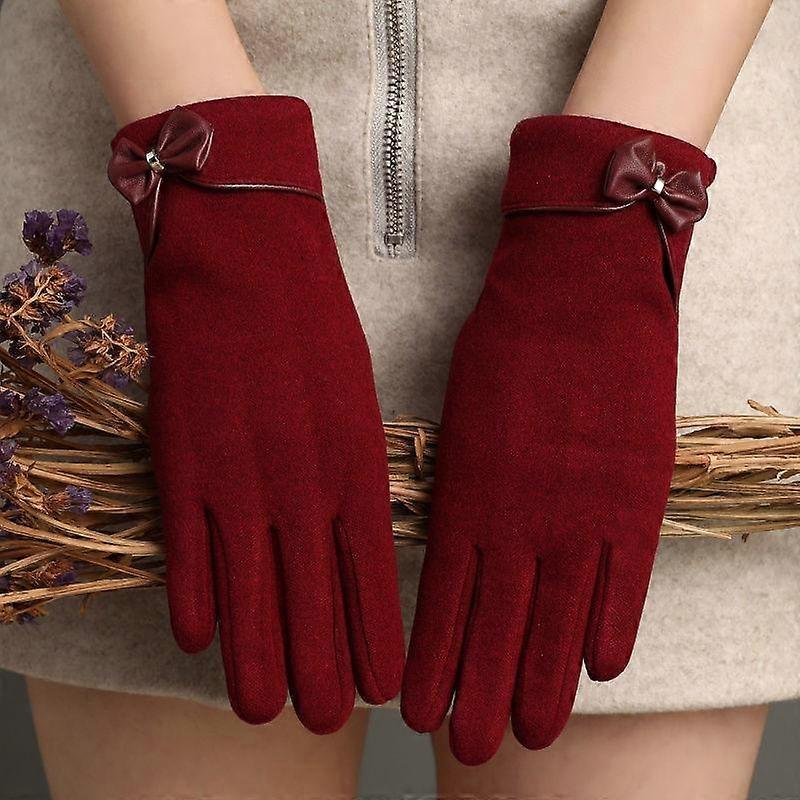 Winter Plus Velvet Warm Gloves Elegant Bow Short Solid Color Elastic Female Gloves