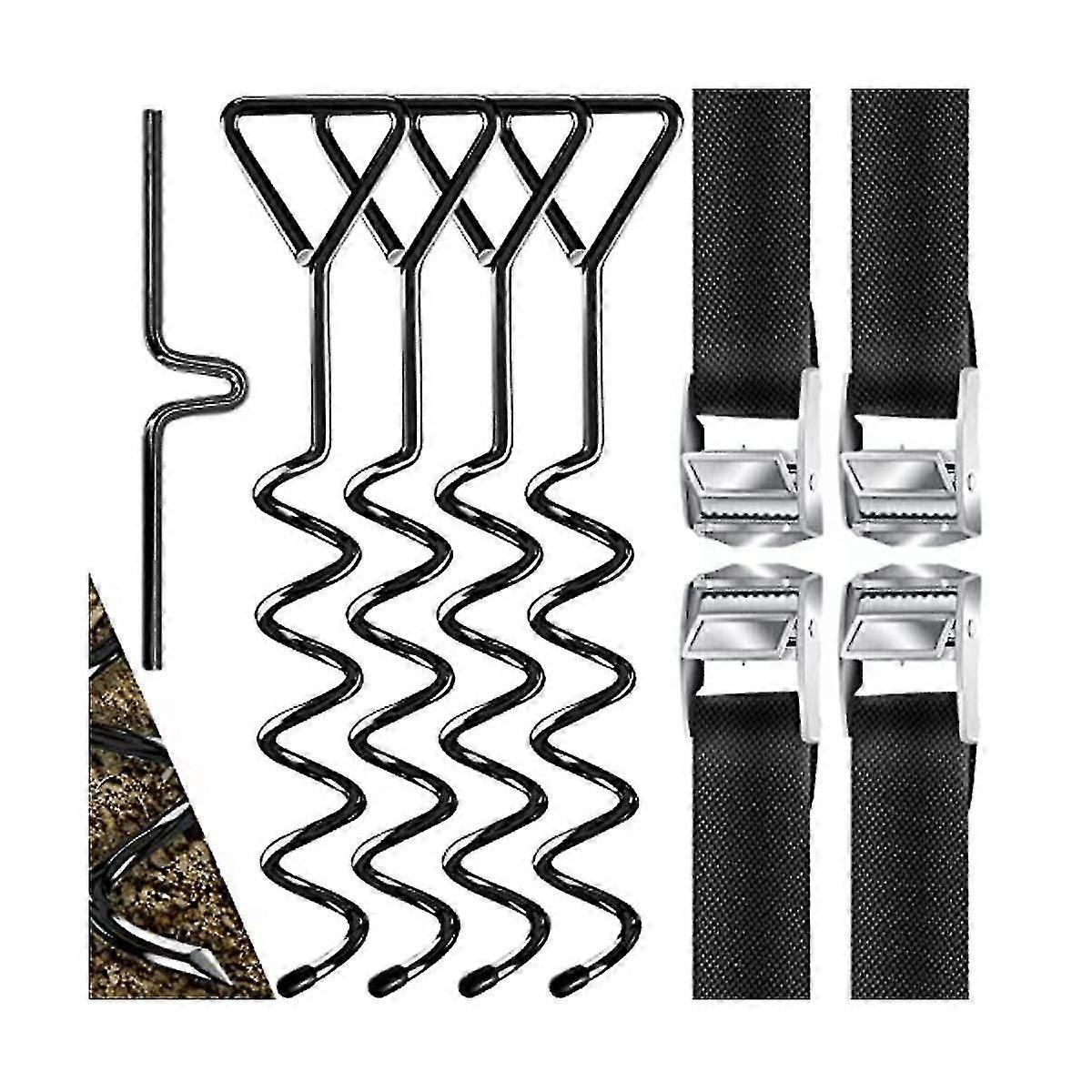 4 Ground Anchors,9-piece Set,attachment For Trampoline,of 1 Cm Diameter Steel For Screwing,4 Straps
