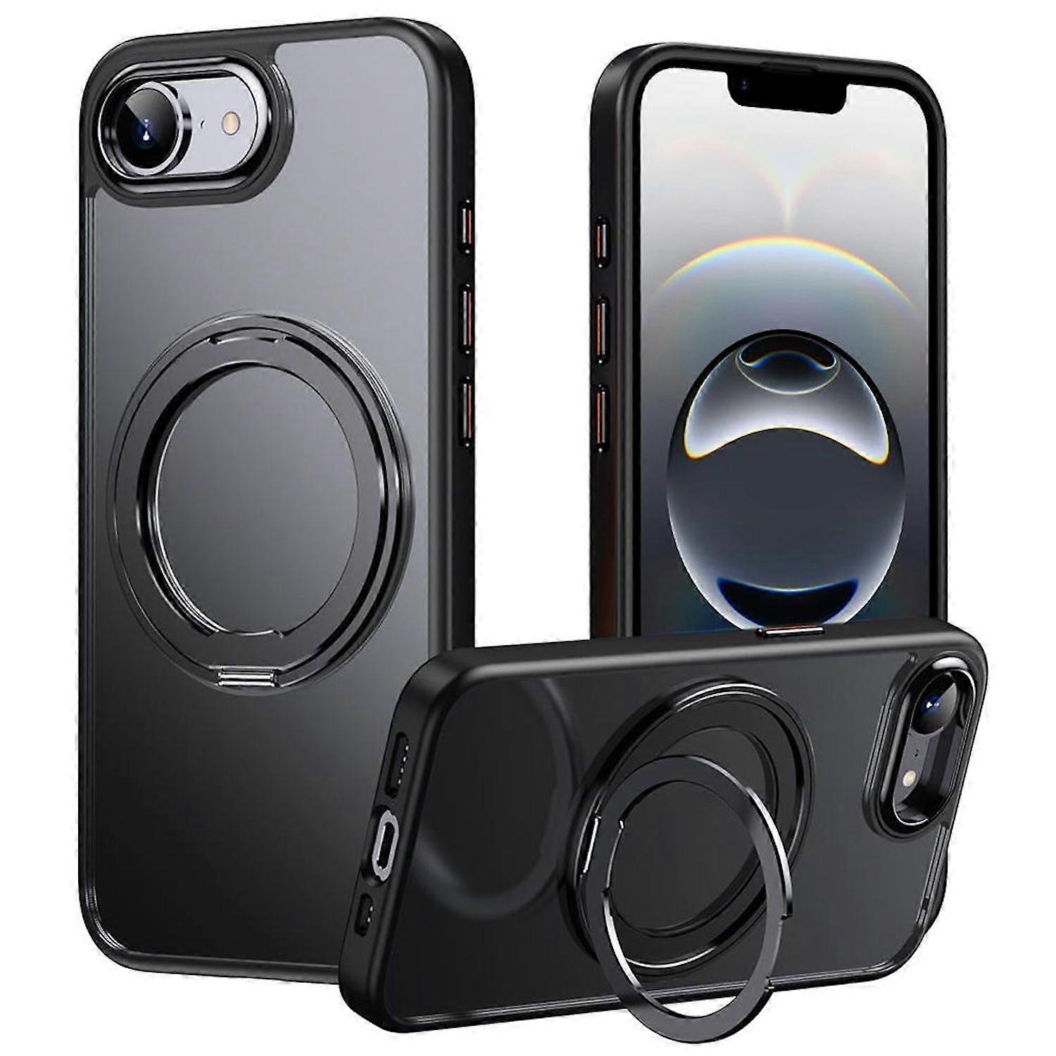 For Apple iPhone 16e Frosted 360 Ring MagSafe TPU + PC Case Black