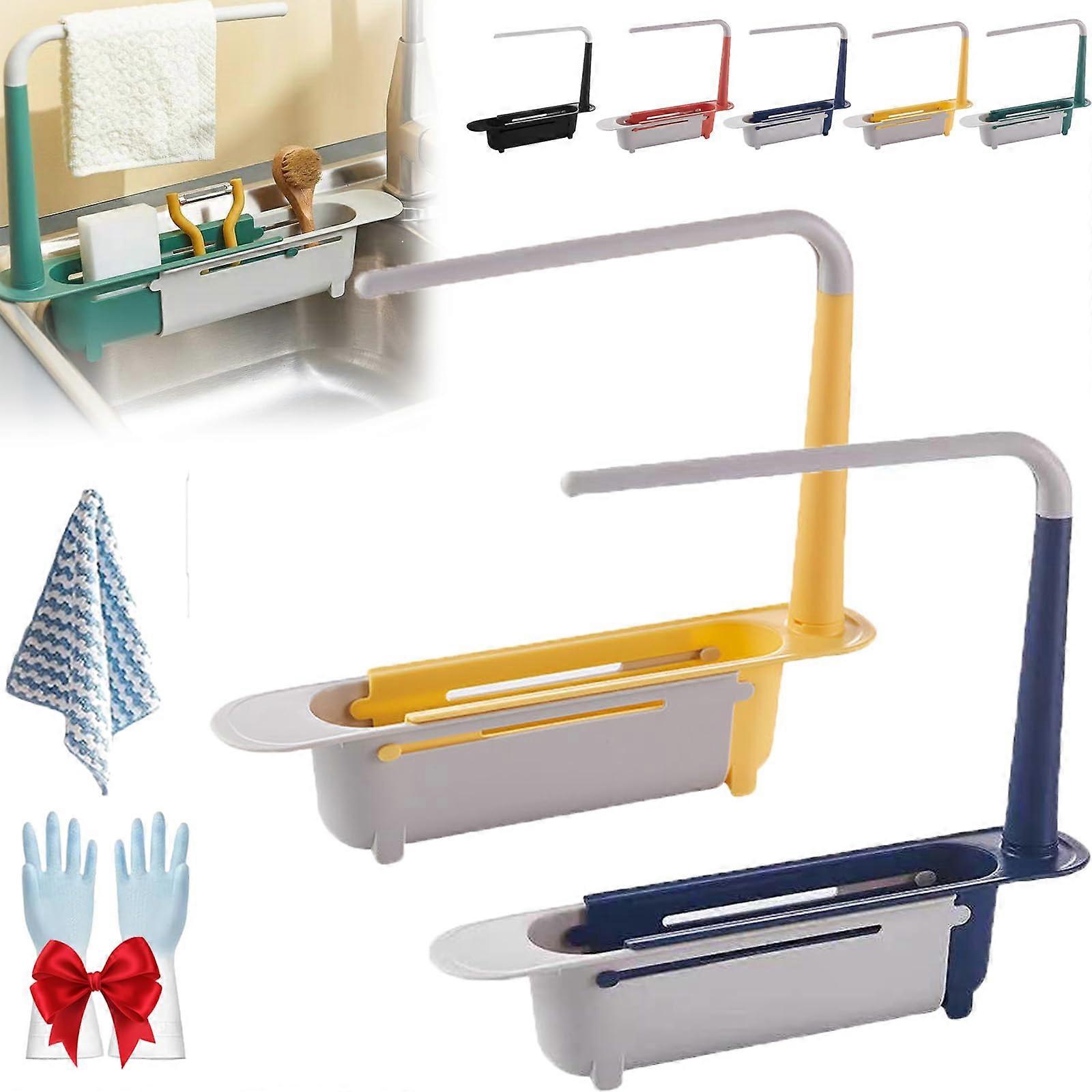 2 PCS Sink Storage Rack Updated Telescopic Adjustable Multipurpose Kitchen Sink Organizer with Towel Hanger