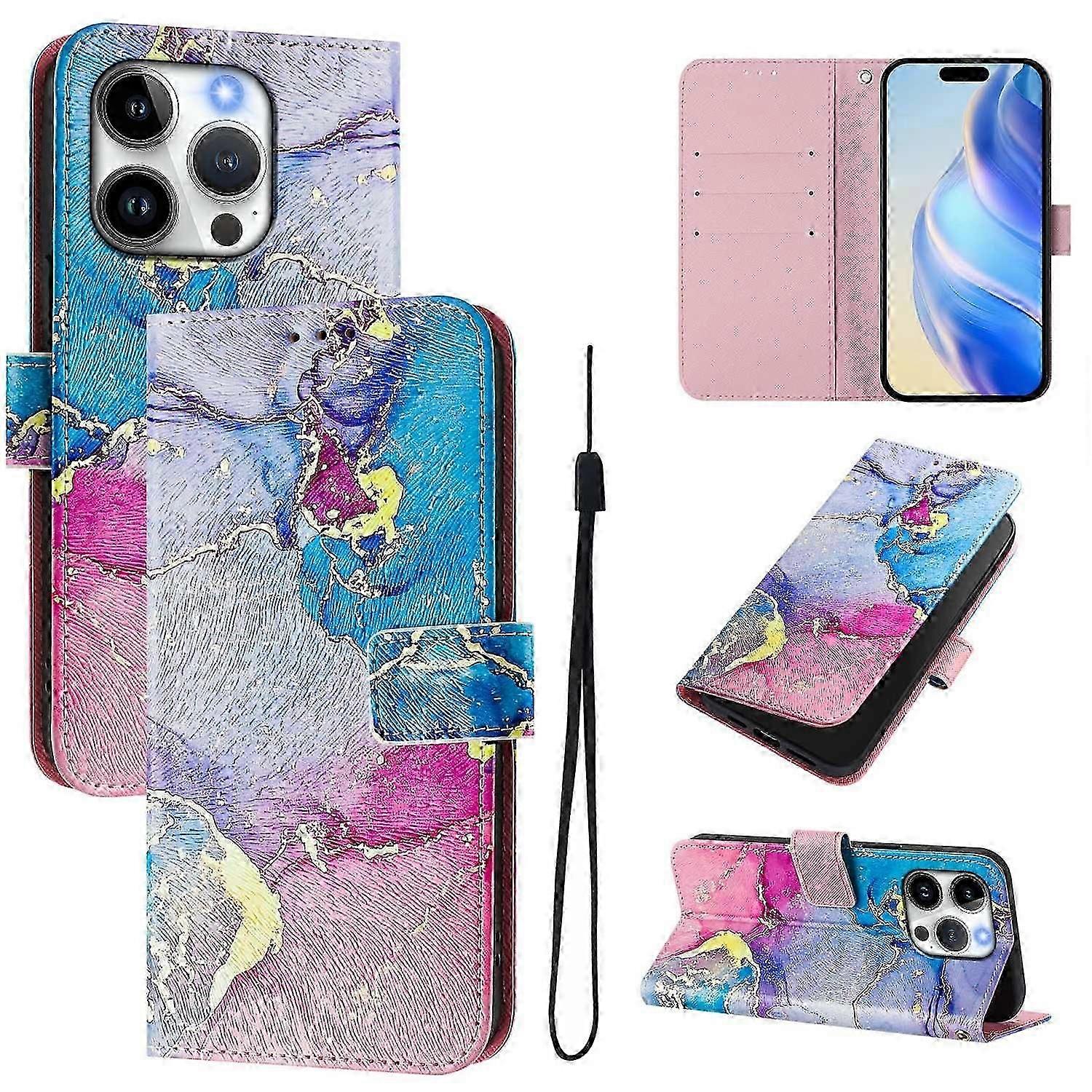 For Iphone 15 Pro Case Pattern Printing Wallet Phone Cover With Strap - Flower