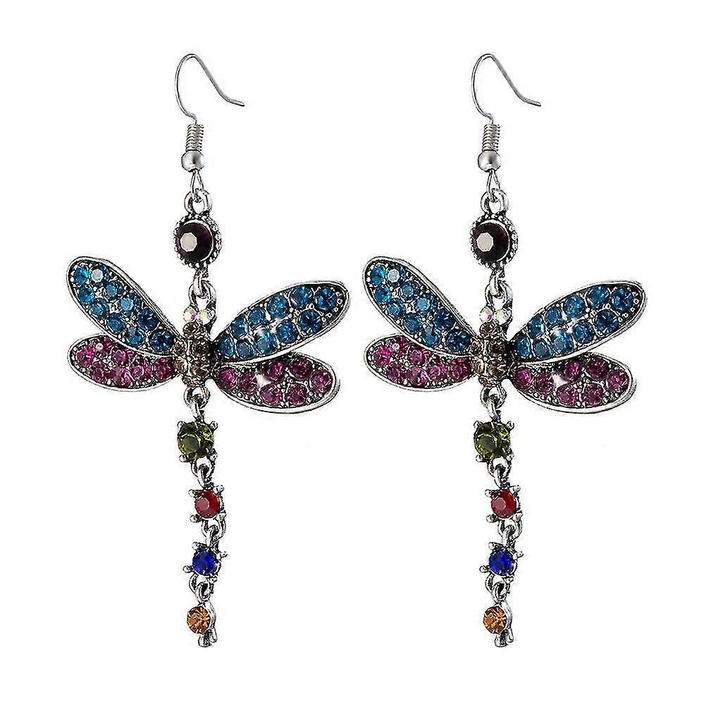 Pendientes largos multicolores libélula rhinestone para exposición
