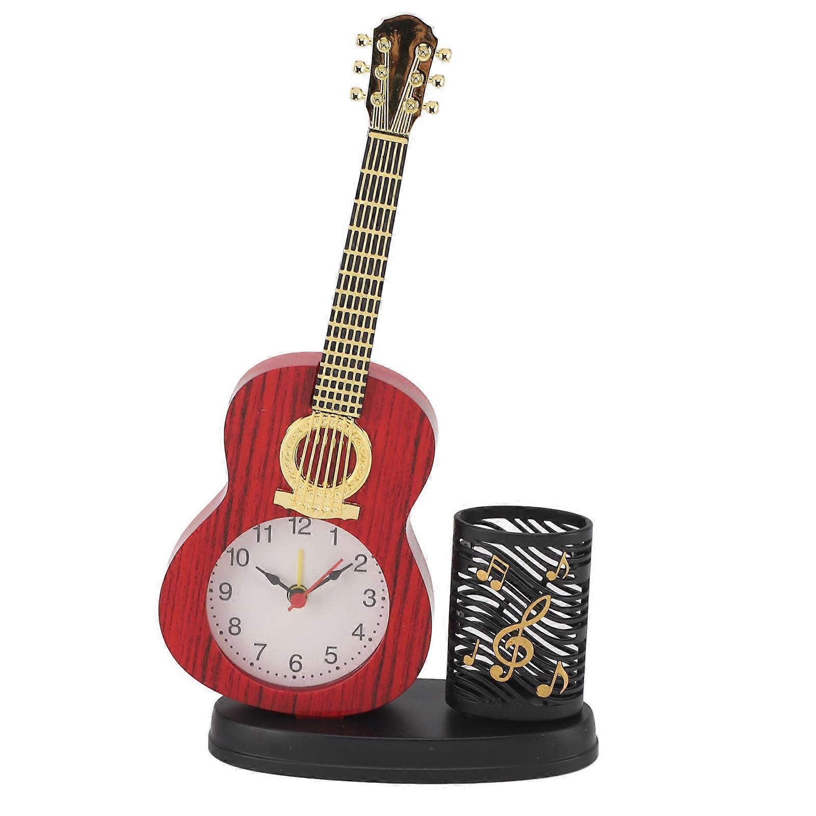 Guitar Shaped Desk Clock Multifunctional Pen Holder Pencil Sharpener Artistic Design Retro Style Creative Desktop Decoration Perfect for Student
