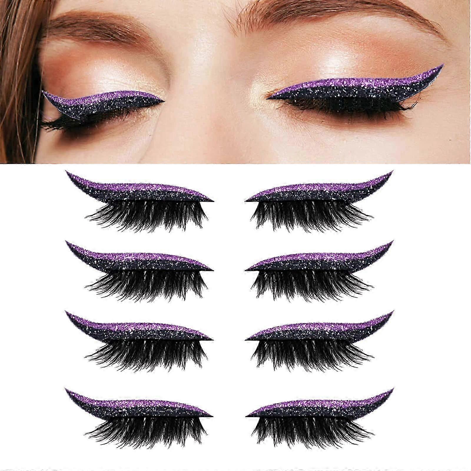 False Eyelashes Eyeliner, 4 Pairs Reusable Eyeliner and Eyelash Stickers 2 in 1 Eye Glitter Shiny Makeup Eyeliner Sticker Self-Purple