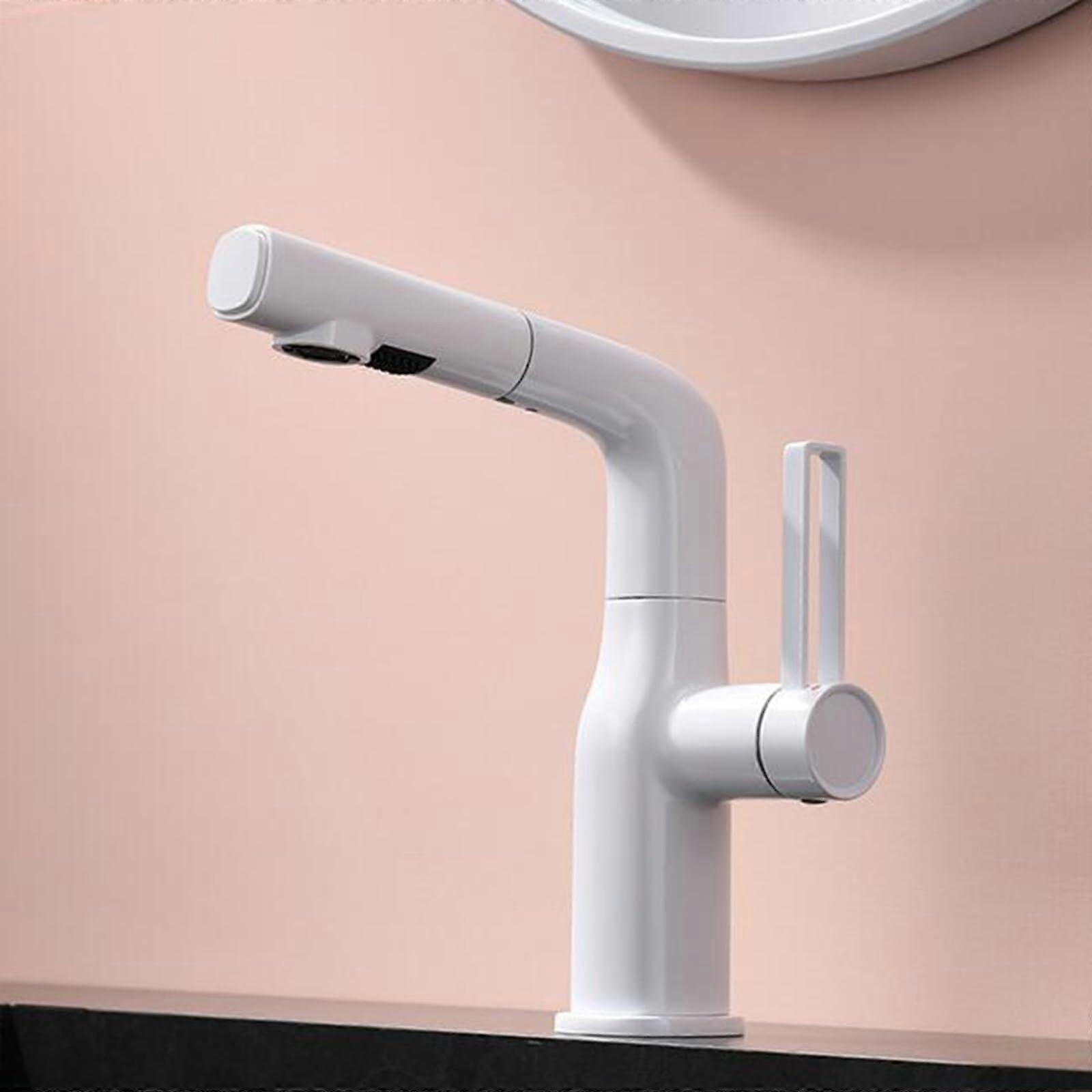Washbasin Tap with PullOut Shower, Brass Basin Mixer Tap Can Be Raised, Hot and Cold Water, Single Lever Basin Mixer Tap White