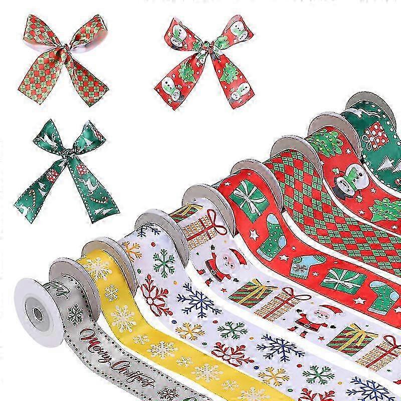 8 Rolls of Christmas Decorative Ribbon Set for Gift Wrapping, Xmas Printed Ribbons for Decoration, Suitable for Various Brands