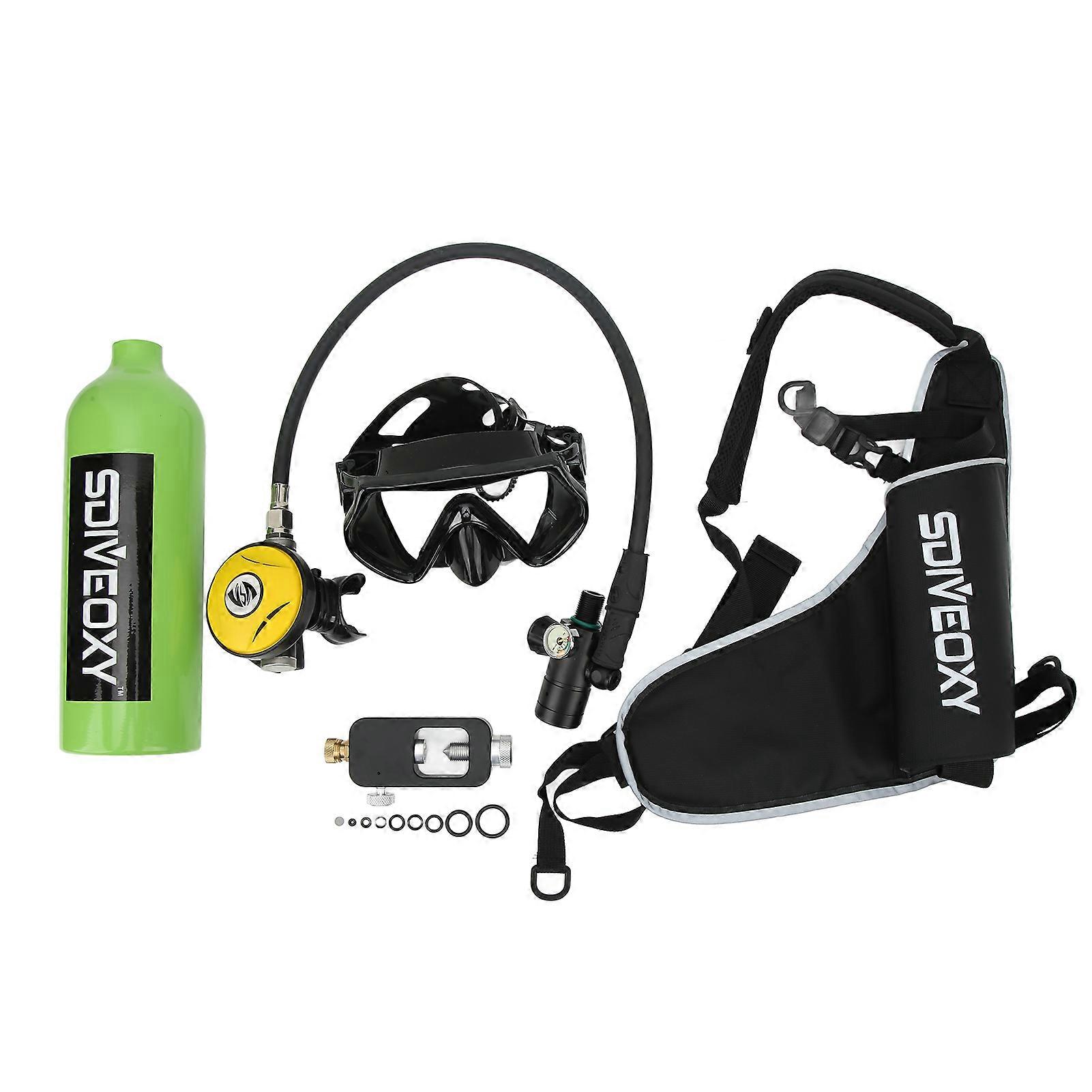 1L Mini Scuba Diving Tank Oxygen Cylinder Underwater Breathing Diving Kit with Diving Goggles Strap Bag Adapter Green