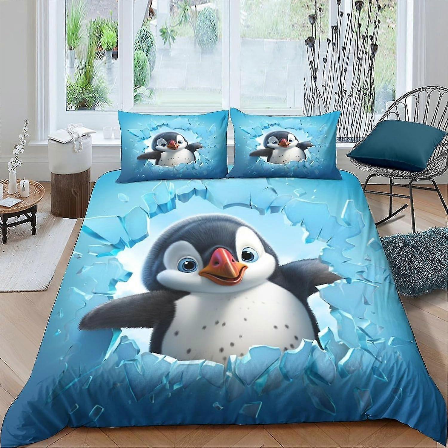 Cute Penguin Duvet Cover Set 3 Piece Bedding Set with Zipper Closure, Festival Quilt Cover with Pillow Cases, Soft Microfiber Bedding