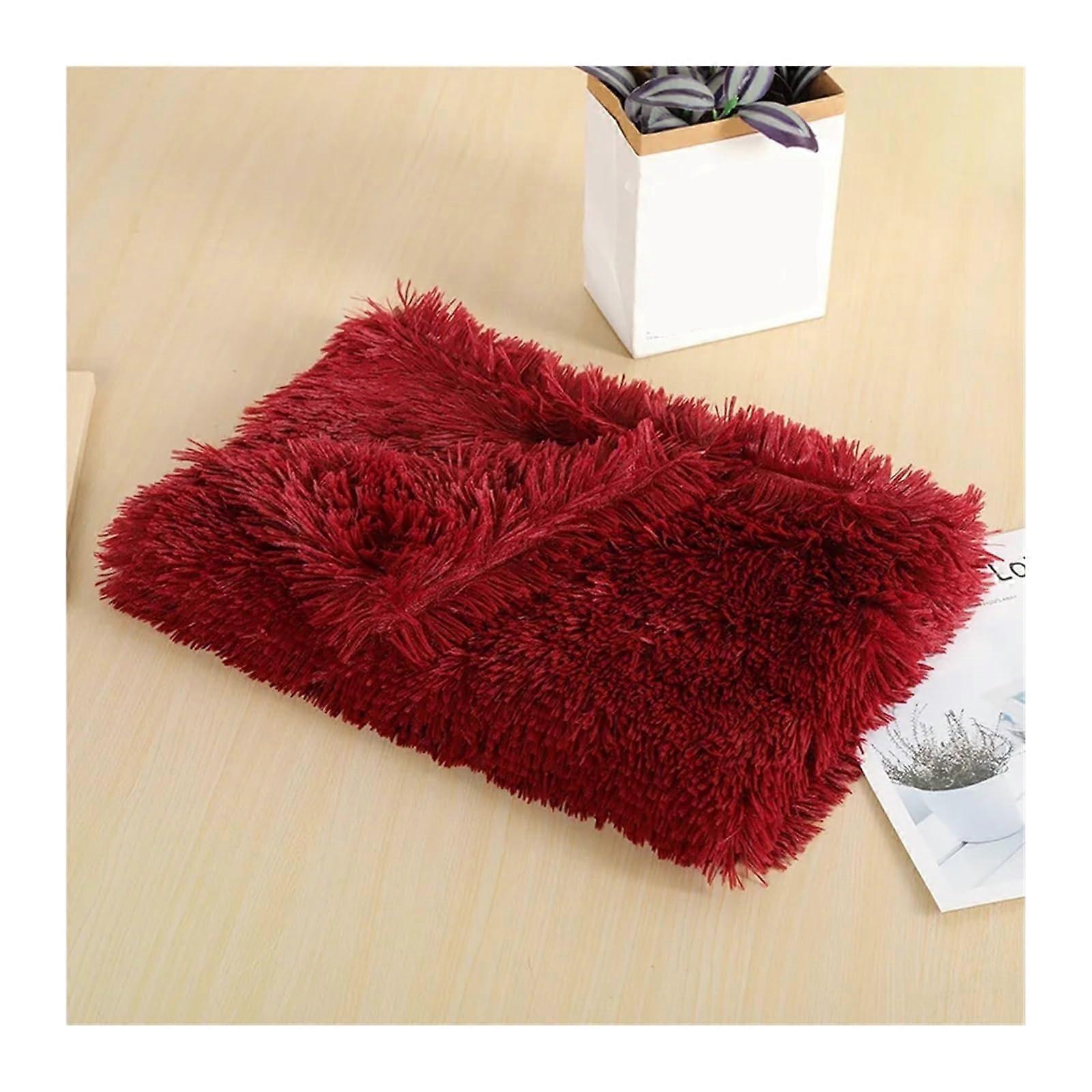 Fluffy Mat Long Plush Pet Blanket Cat Sleeping Mats Puppies Winter Warm Thin Kennel Cushion Soft Covers for Large Dogs Mattress Redwine M 80X53CM