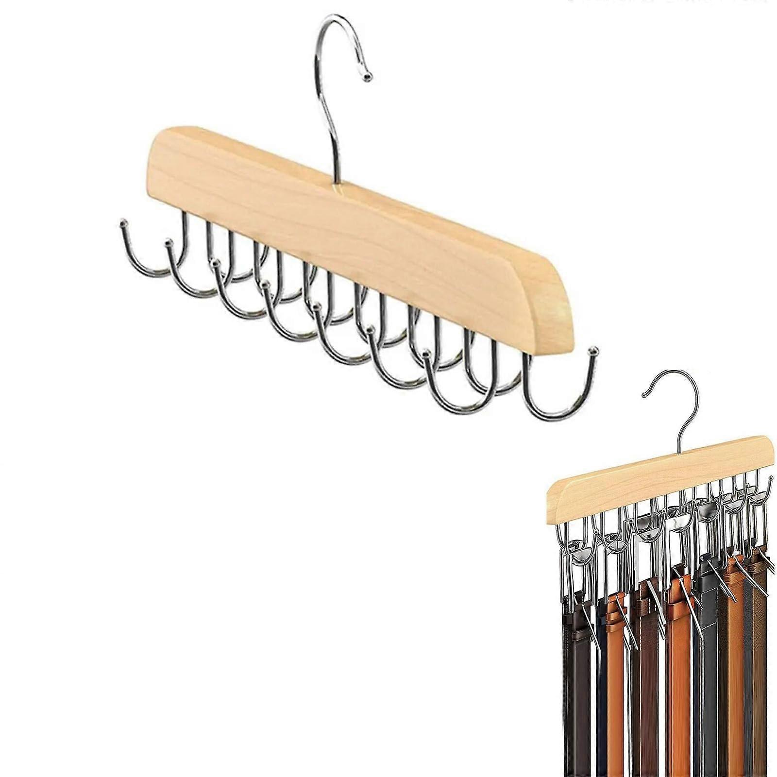 Wooden Belt Hanger 360 Degree Rotating Organizer with 14 Hooks for Scarves Ties Belts Closet Storage Solutions