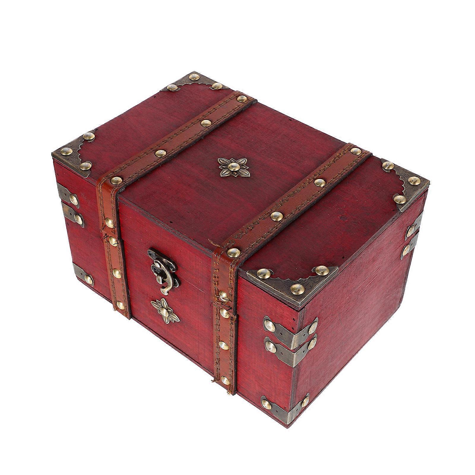 Retro Wooden Jewelry Box Storage Lockable Space Saving Dark Red 21.80X14.80X13.00CM 1Set