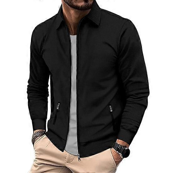 Men Zip-up Jacket Waffle Pattern Slim Fit Jacket with Zippered Pockets Lapel Casual Coat for Spring Autumn Winter