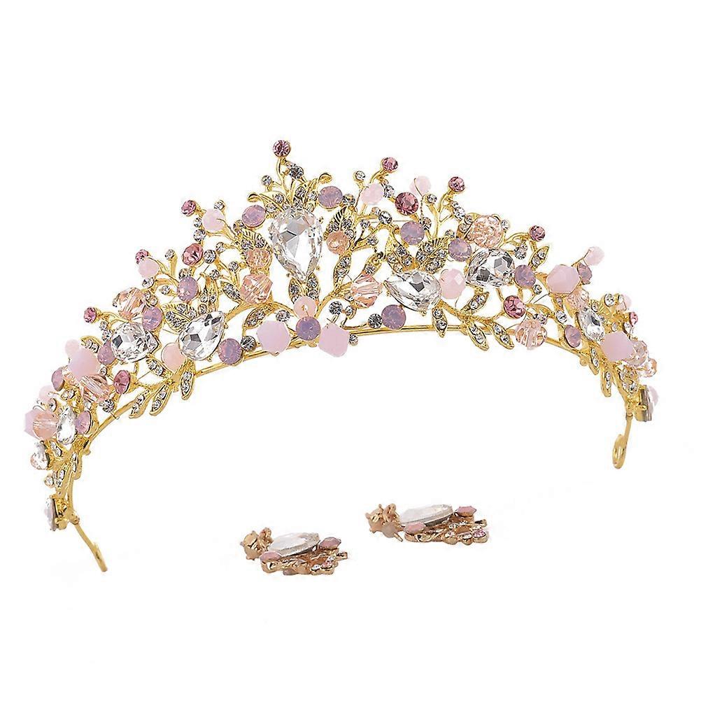 Bridal Wedding Hair Crown Crystal Headband Elegant Earrings Rhinestone Earbob Creative Headdress Pink