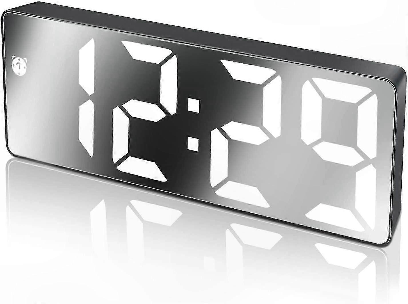 LED Alarm Clock with Large Display, Mirror Finish, Snooze, Adjustable Brightness, USB Charging Connection for Bedroom or Office Use