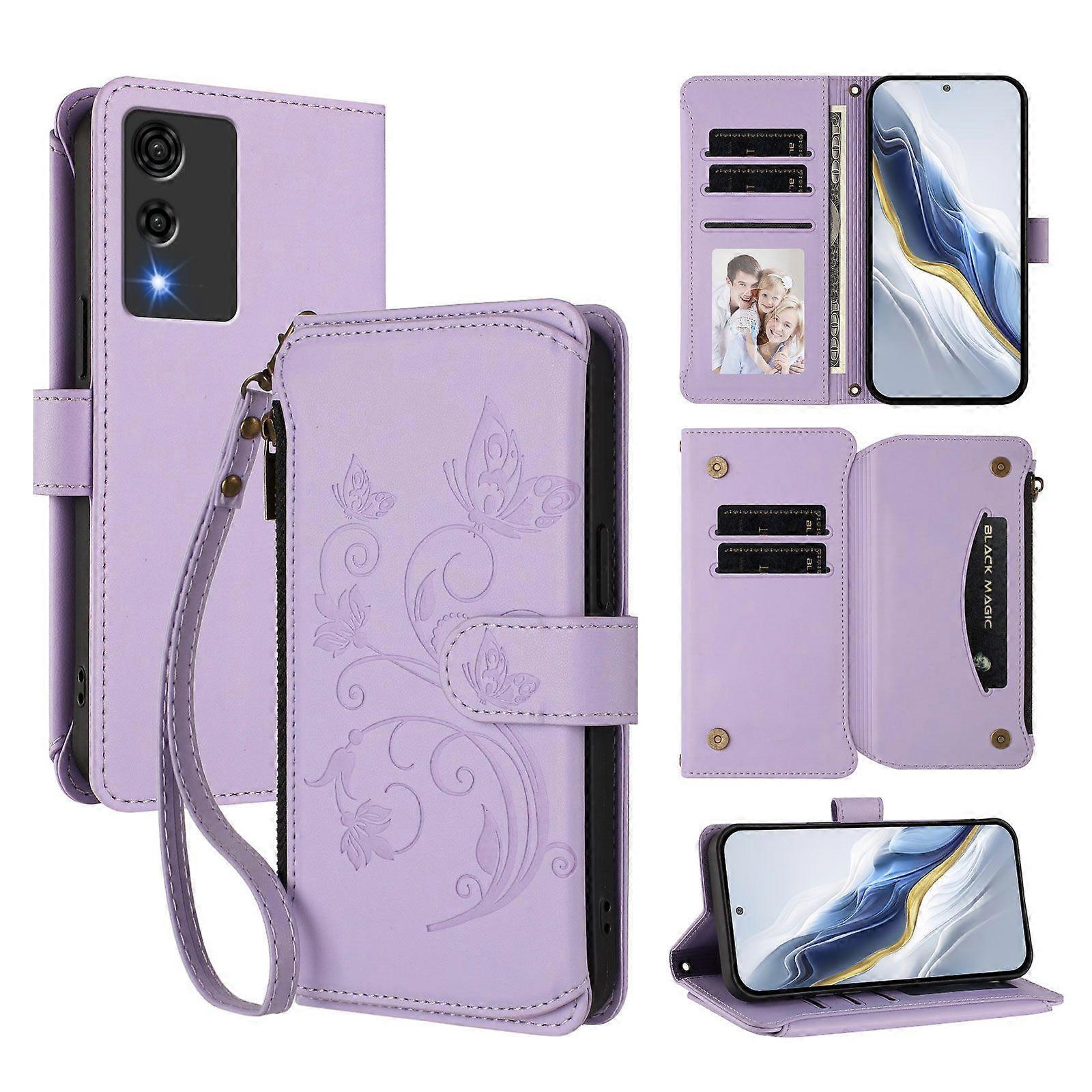 Wallet Flip Phone Cover for Cubot A10 Embroidered Butterfly 5 Card Holder Rope Zippered Bag Comptible with Cubot A10